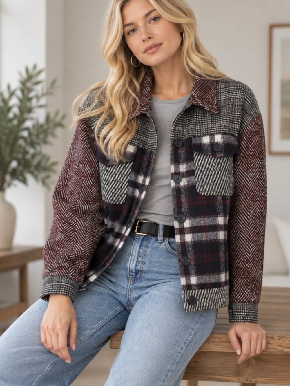 193. Women’s Wine/Navy Patchwork Plaid Jacket
